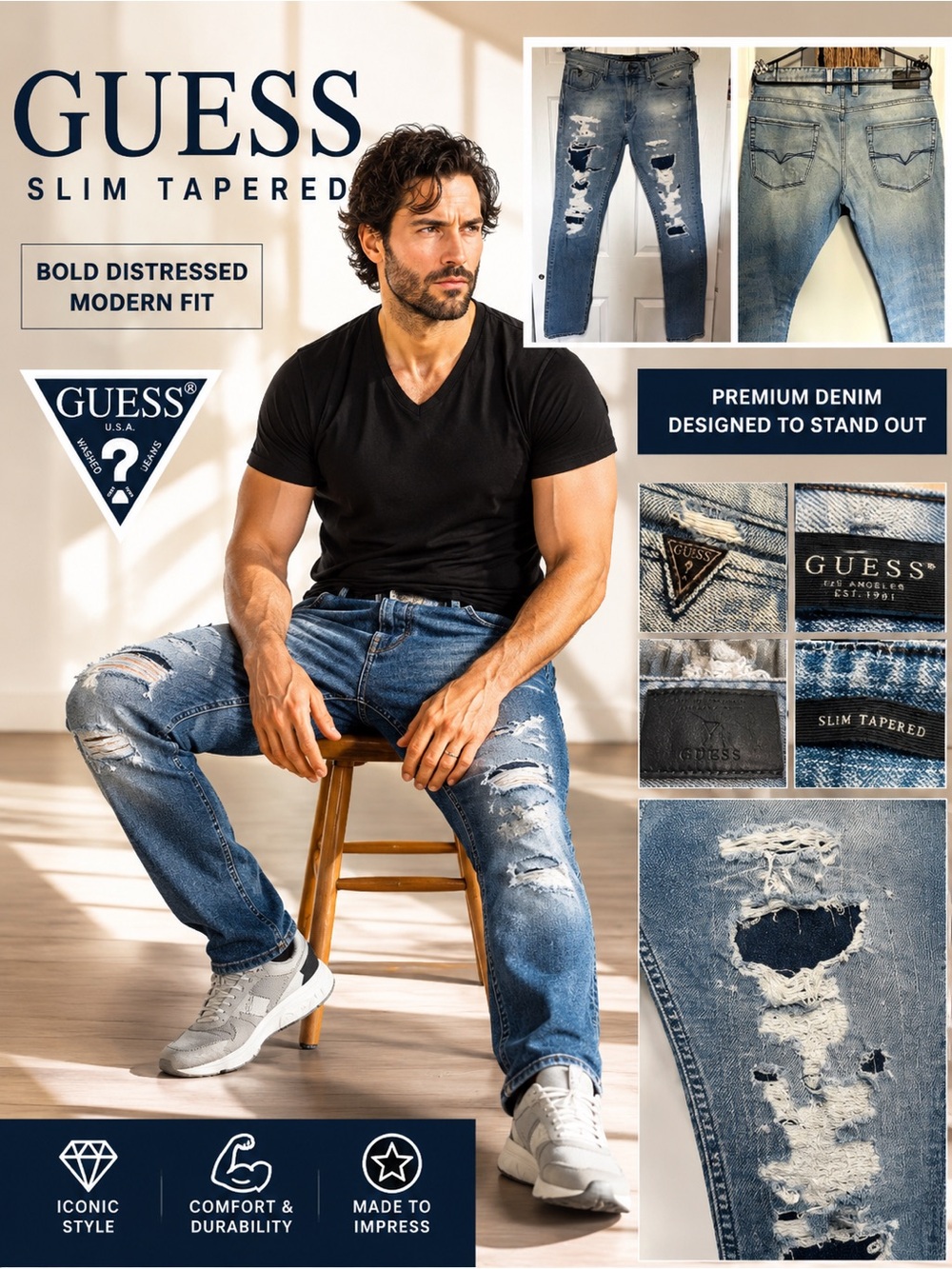 🖤 GUESS Men’s Slim Fit Distressed Jeans - Rugged Vibe Edition 🖤 Bundle & Save